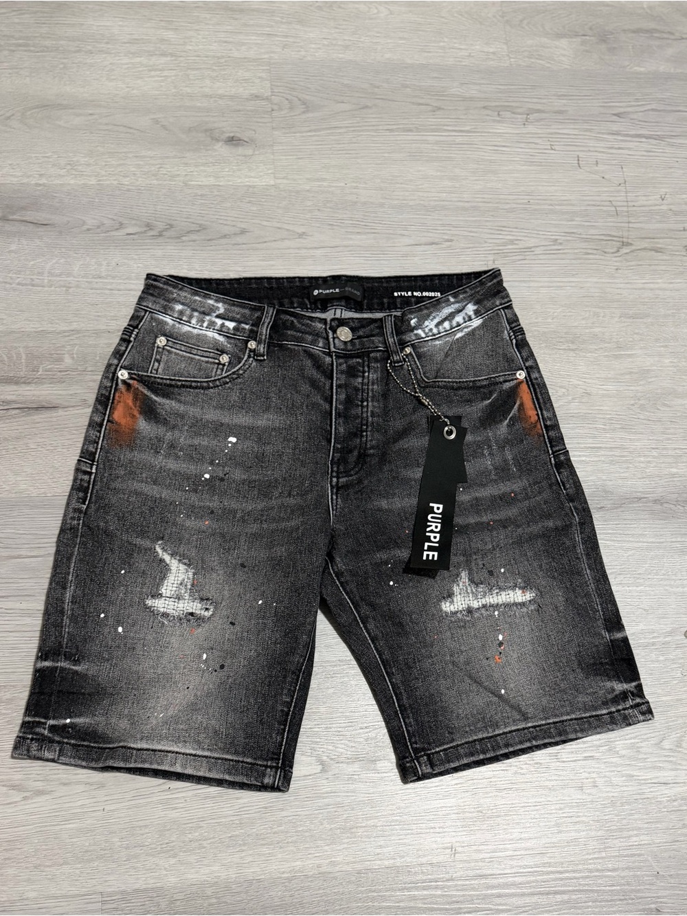 Purple Brand Distressed Denim Shorts Grey Washed Paint Splatter Size 30⁠